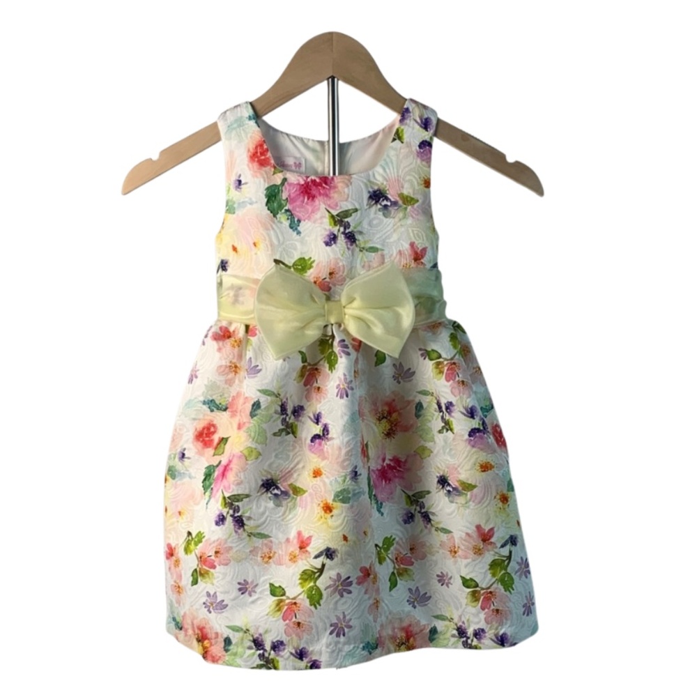 Bonnie Jean Jacquard Floral Dress with Soft Yellow Bow Size 4T Fit & Flare Dress